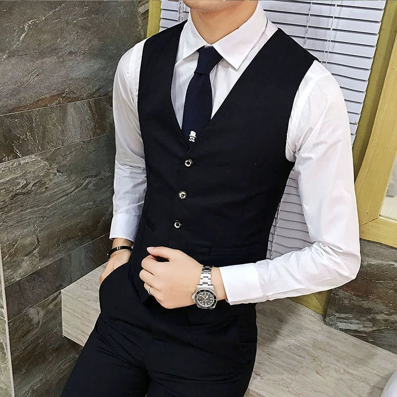 Men’s formal suit vest slim fit business waistcoat in black with silver buttons and a subtle skull emblem on the top button.