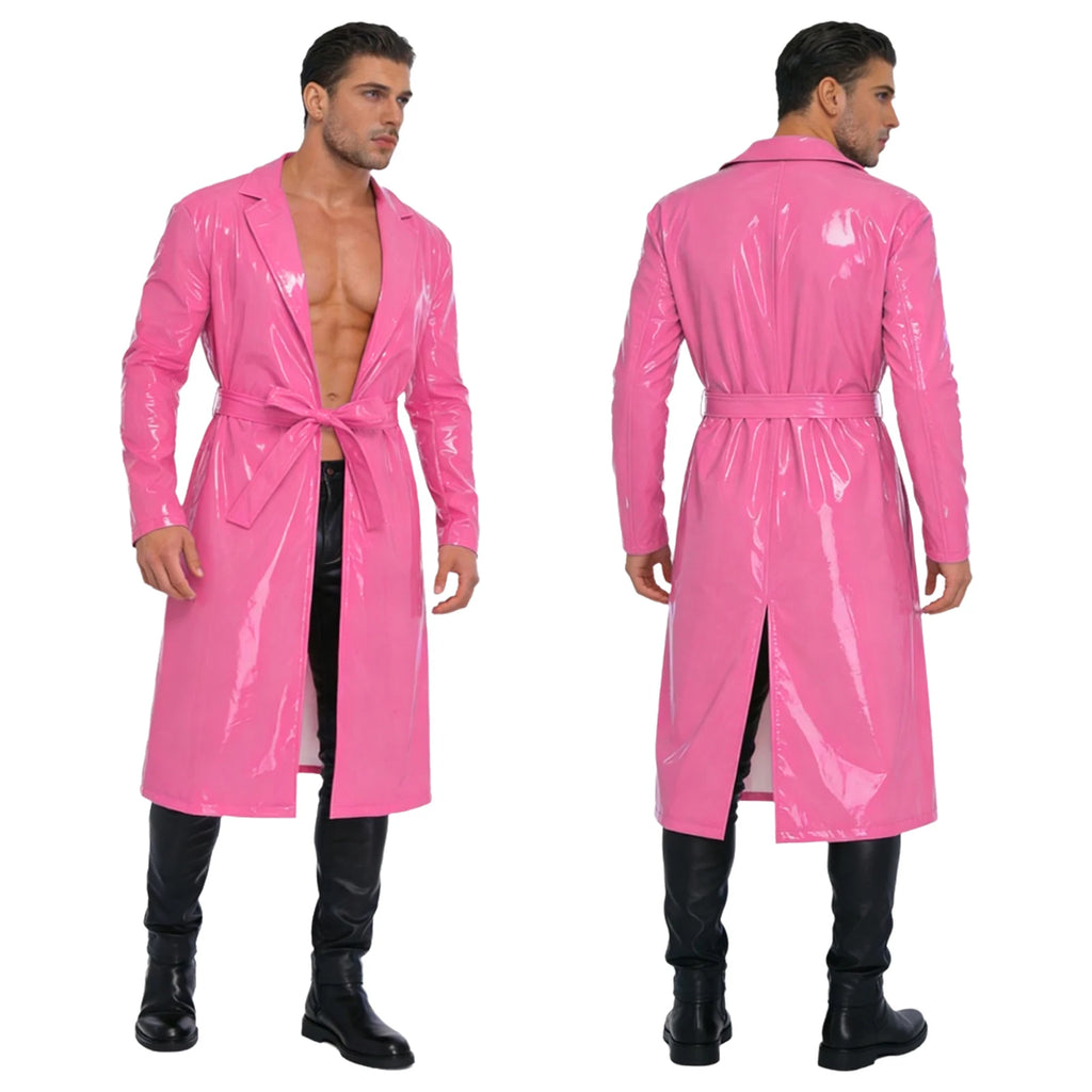 Mens Glossy Long Trench Coat Blazer Lapel PU Leather Open Front Long Jackets with Belt for Casual Life Streetwear Party Clubwear