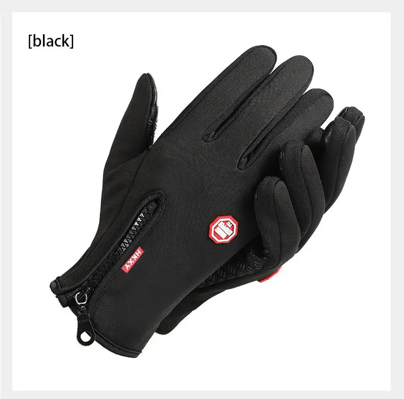 Black touchscreen winter cycling gloves made with touchscreen-compatible material featuring a zippered wrist pocket and red branding details shown from the back side.