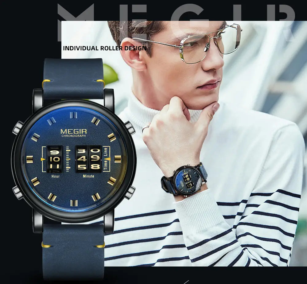 Megir military quartz watch with a blue leather strap featuring yellow stitching, black case and dial with gold-tone numerals and a digital display.