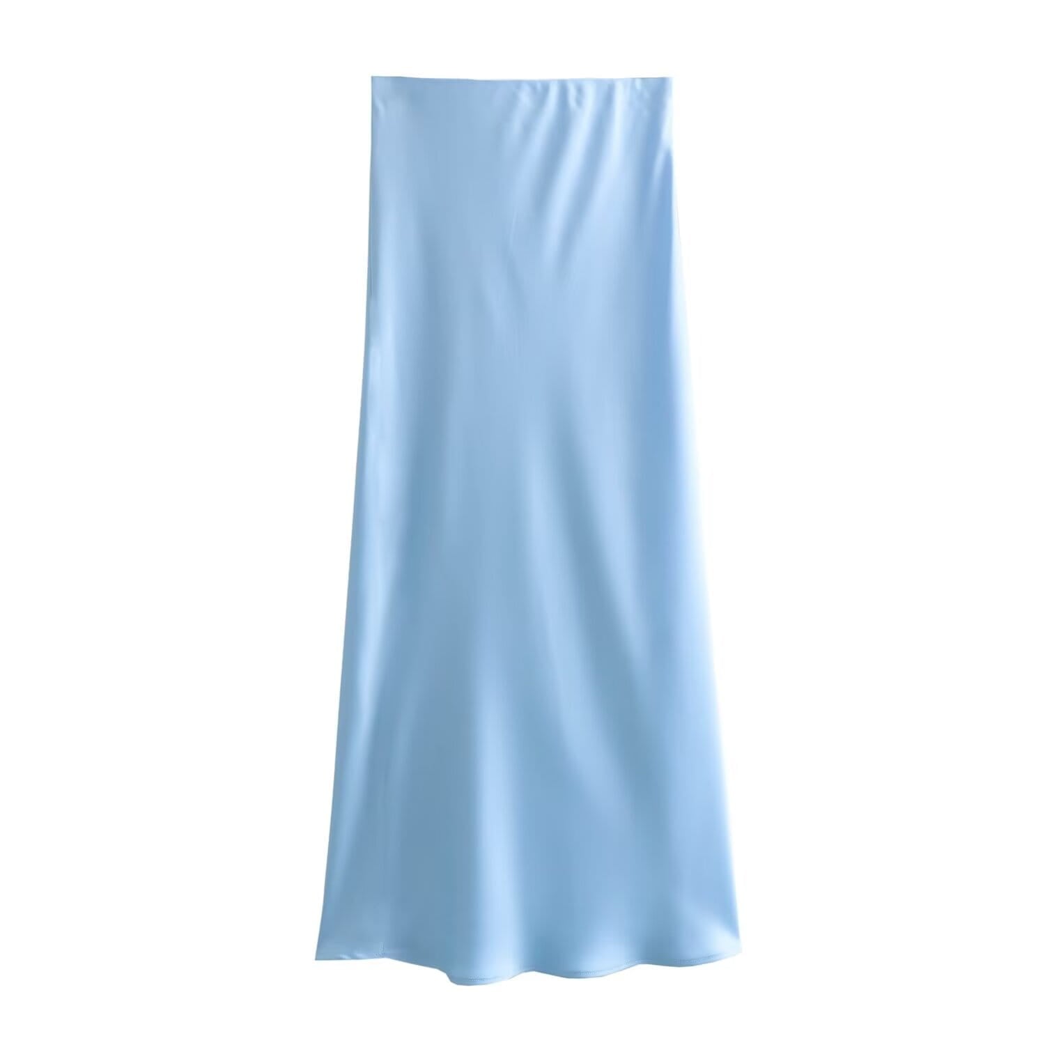 Une jupe midi en satin bleu clair, à tombé fluide et légère brillance, conçue comme une longue jupe élégante à taille haute.