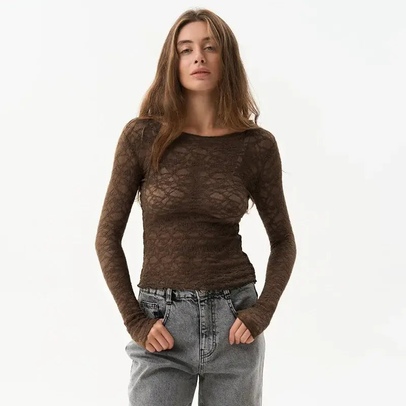 A brown long-sleeved lace crop top with a fitted silhouette and sheer fabric from women aesthetic clothes collection.
