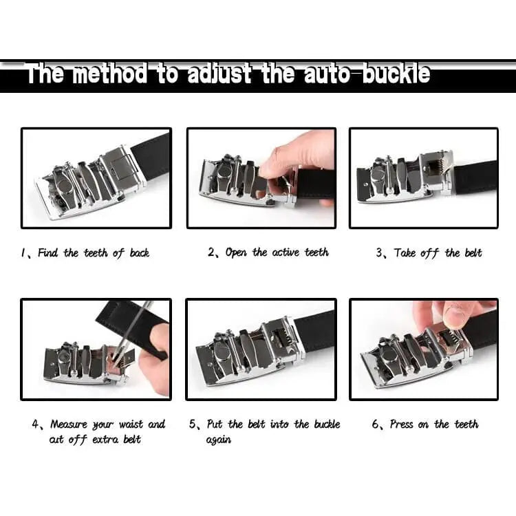 Ceinture automatique en cuir pour homme avec boucle auto et sangle en cuir noir.