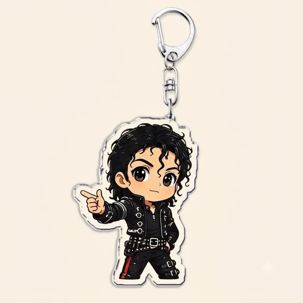 Michael Jackson chibi acrylic keychain featuring a cartoon depiction of Michael Jackson in a black leather outfit with red accents and curly hair attached to a silver metal clasp.