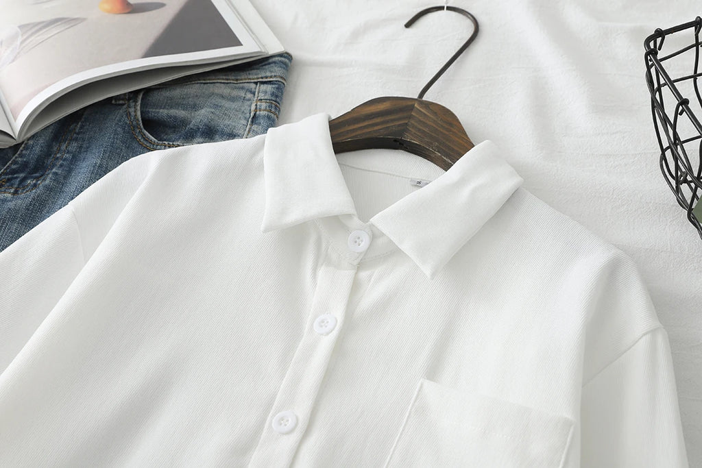 Women Blouses Solid Shirts Tunic Womens Tops And Blouses 2026 Womenswear Long Sleeve Clothing Button Up Down Loose White New