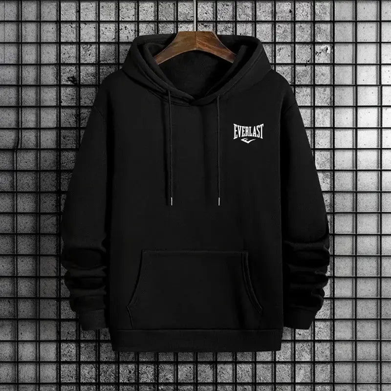 Men everlast logo hoodie fleece casual pullover in black featuring a white logo on the chest and matching drawstrings.