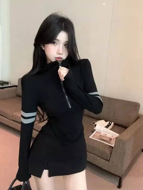 Autumn Winter Women's Sweet Spicy Retro Striped Zipper Hoodie Base Shirt Long Sleeve Inner Wear Casual Style High Waist T-Shirt