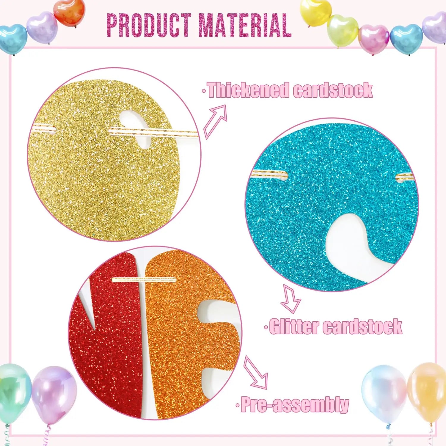 Glitzernde Geburtstagbanner-Partydekoration zum ersten Geburtstag mit glitzernden, herzförmigen Designs aus verdichtetem Glitzercardstock in Gold, Teal, Rot und Orange.