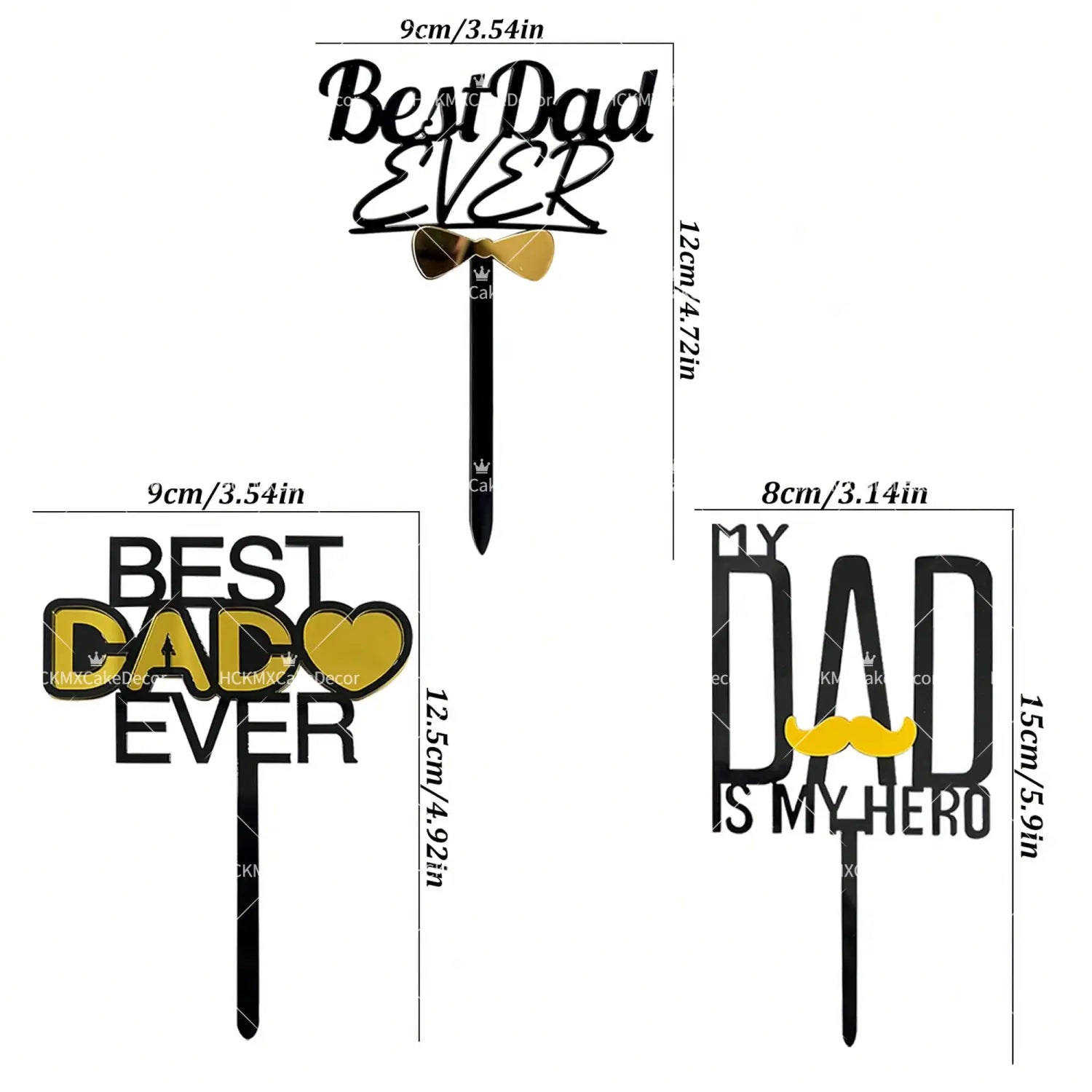 black and gold acrylic father’s day cake topper set featuring best dad ever text and a bow tie design.
