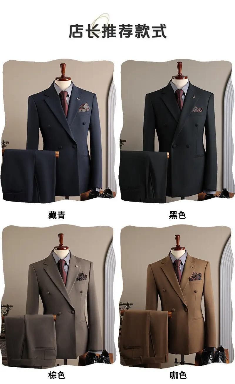 Ensemble costume d’affaires pour homme slim fit en trois pièces, présentant une coupe double boutonnage avec pantalon assorti en bleu marine, noir, beige et marron, idéal pour les occasions d’affaires en mode masculine ou de soirées décontractées.