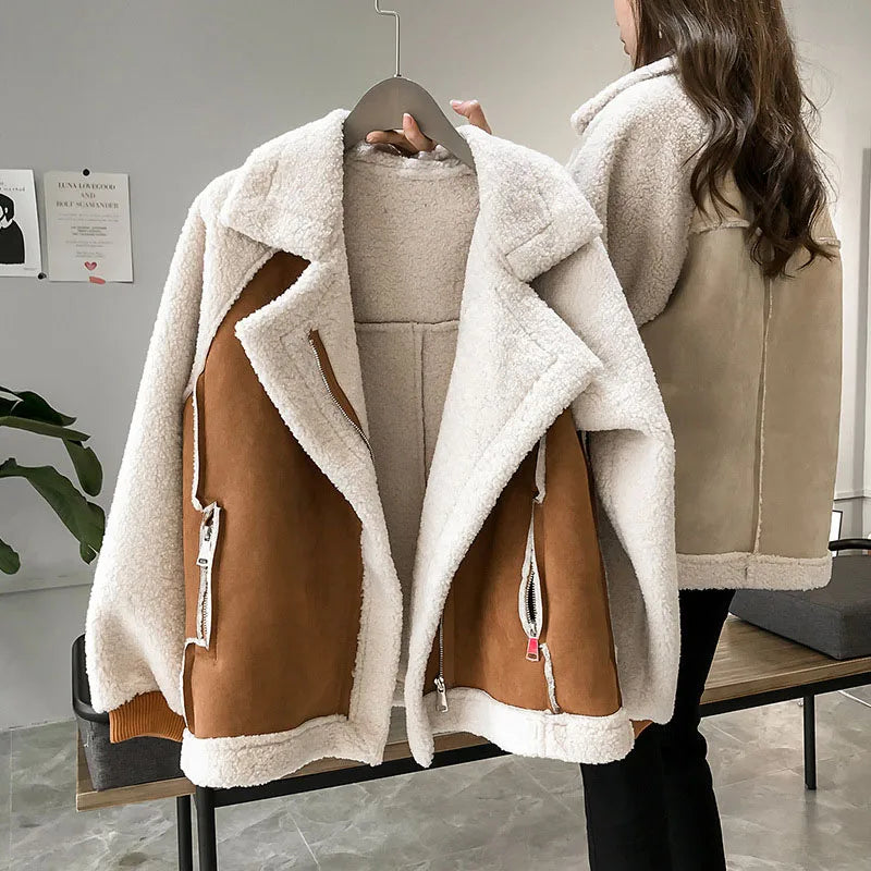Winter Warm Fleece Jacket Women Fashion Suede Lamb Wool Patchwork Thicken Outerwear Female Loose Zipper Lapel Motorcycle Coats