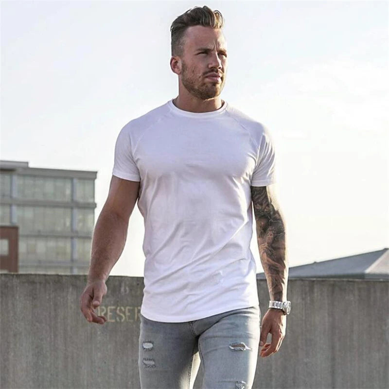 Men's Muscle T Shirts Slim Fit Cotton Short Sleeve O-Neck Raglan Sleeve Solid Tee Tops Gym Workout Bodybuilding Shirt Sportswear