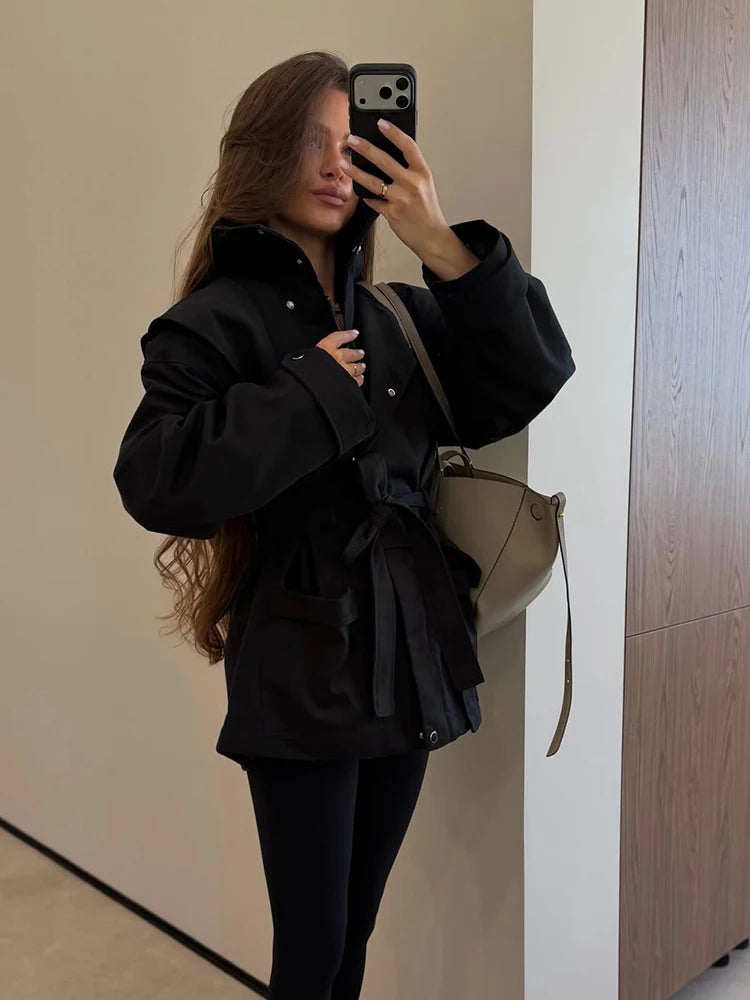 Women Short Trench Coat Belted Stand Collar Double Breasted Utility Jacket Oversized Pocket Chic Casual Office Commute Outerwear