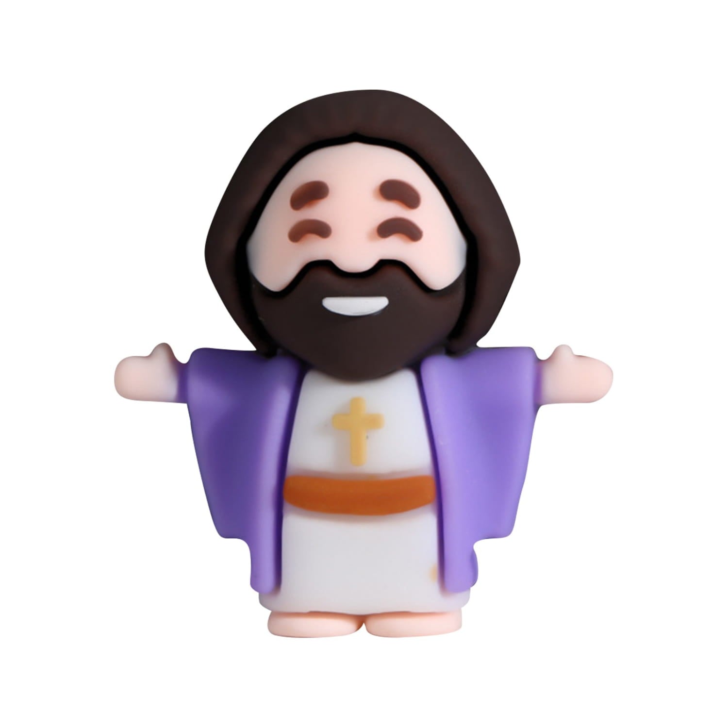 Mini Jesus figurine Easter party favor in purple and white showing a smiling Jesus with brown hair, beard, and arms outstretched.