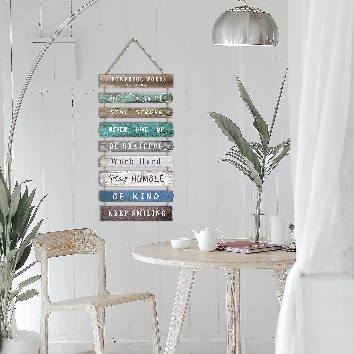 Rustic wooden inspirational wall art featuring motivational phrases in varied colors and distressed finishes designed for home decor.
