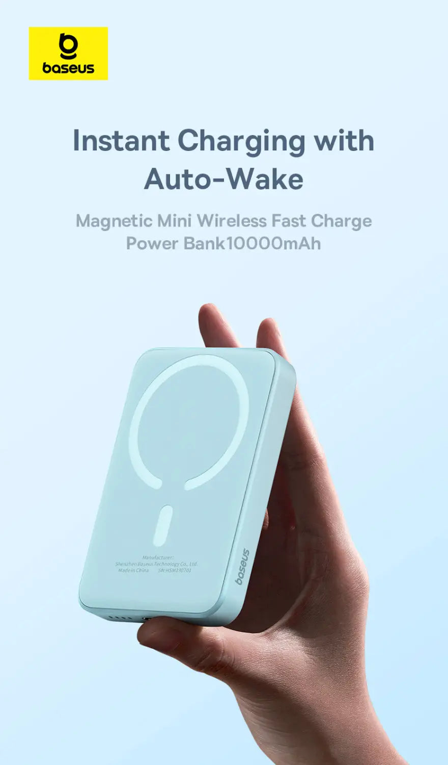 Light blue rectangular Baseus magnetic power bank features a circular charging symbol on the surface and offers 20w wireless charging with high energy conversion rate.