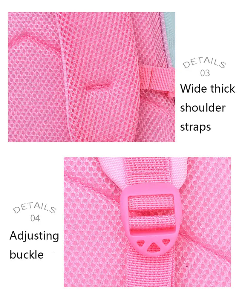Rosa Mesh-Einhorn-Schulrucksack für Mädchen mit breiten, dicken Schulterträgern und passendem pinkem Einstellverschluss, von der Rückseite dargestellt