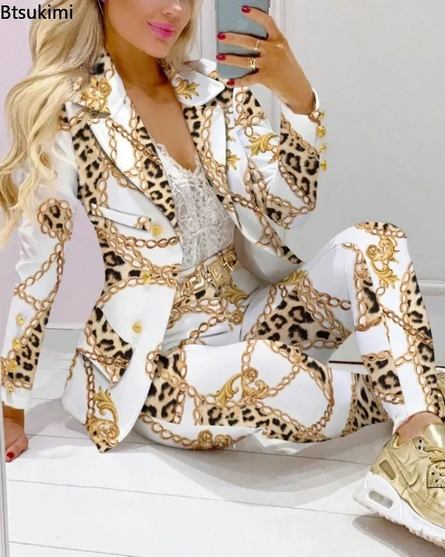 2026 Women Formal Jacket & Trousers Office Lady Outfits Autumn Women Two Pieces Set Print Blazer Coat & Pants Suit Sets Female