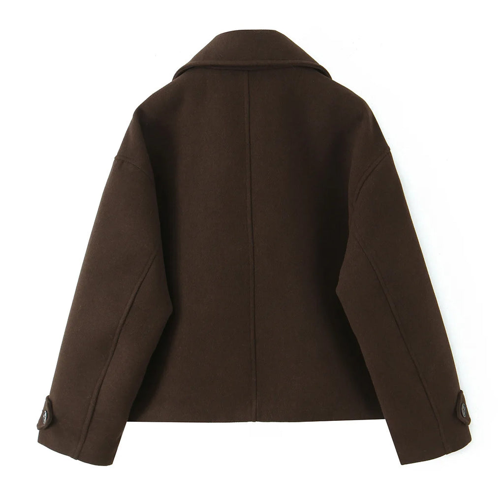 Women's Wool Blend Short Coat, Khaki/Dark Coffee Brown Lapel Collar Double-breasted Warm Wool Blend Short Coat For Winter 2025