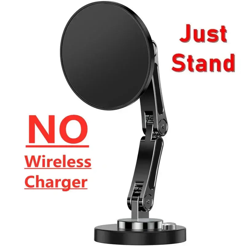 Cargador inalámbrico para coche magnético negro para iPhone 15 14 13 12 con brazo ajustable y soporte circular para teléfono de base.
