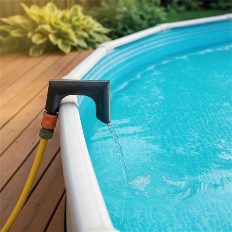 black plastic pool water leveler with orange connector attached to yellow hose made from 3d printed pla polylactic acid material positioned against the white edge of an above-ground swimming pool