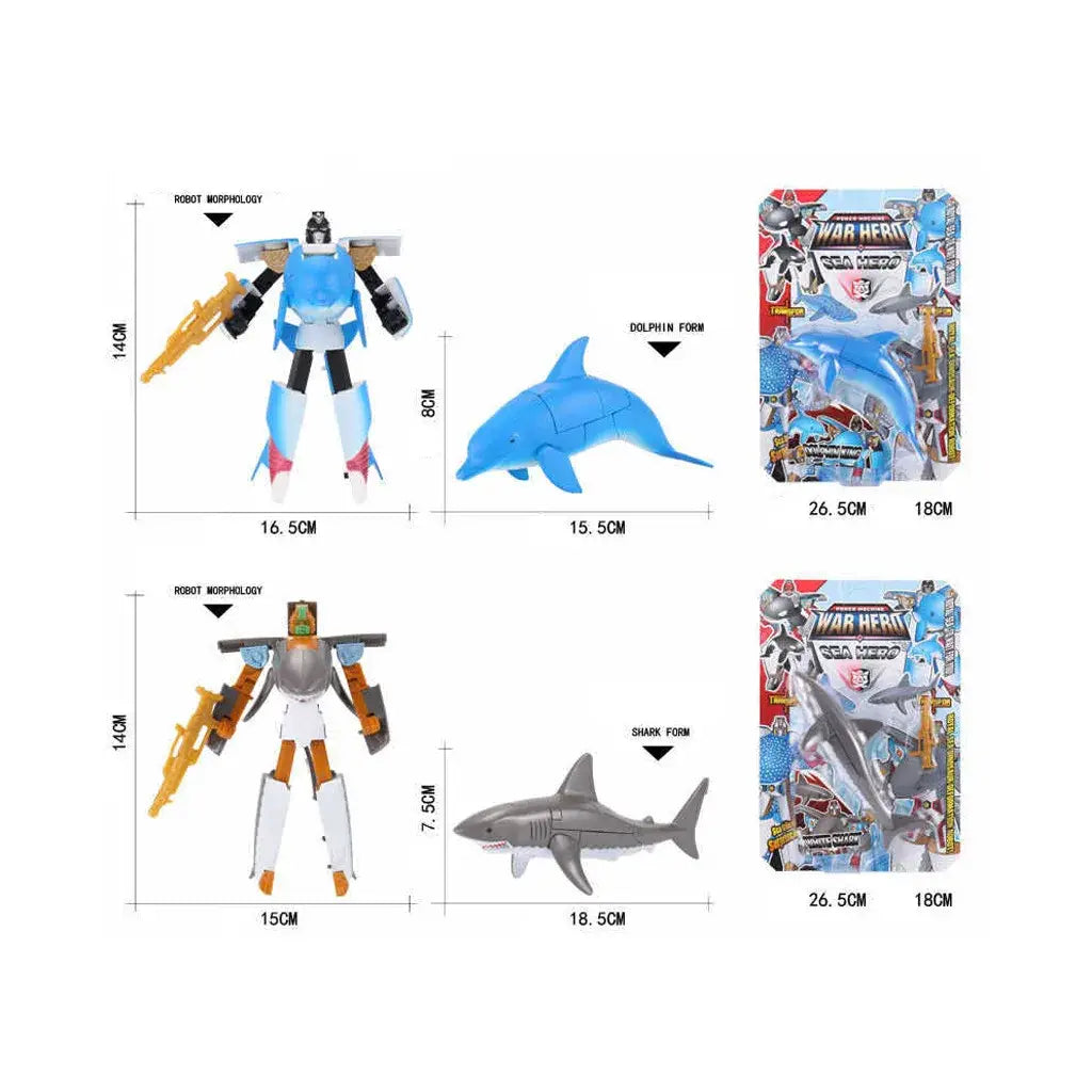 Blue and white plastic dolphin-shaped robot toy with a silver shark form variant shown as finished goods in the shark transforming robot toy collection.