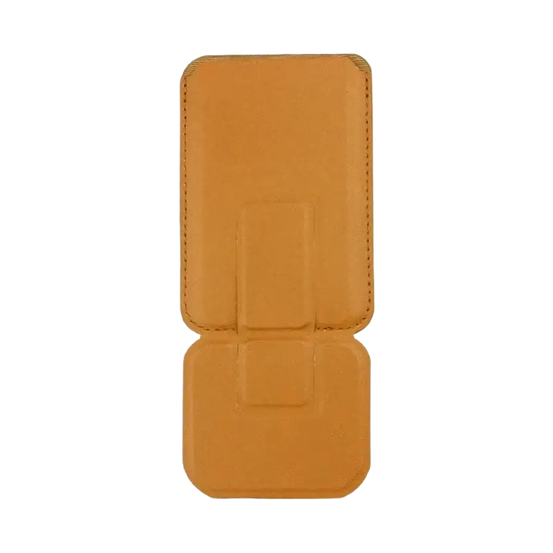 Tan leather foldable phone card holder case with stitched edges for magnetic stand phone card use on iPhone models