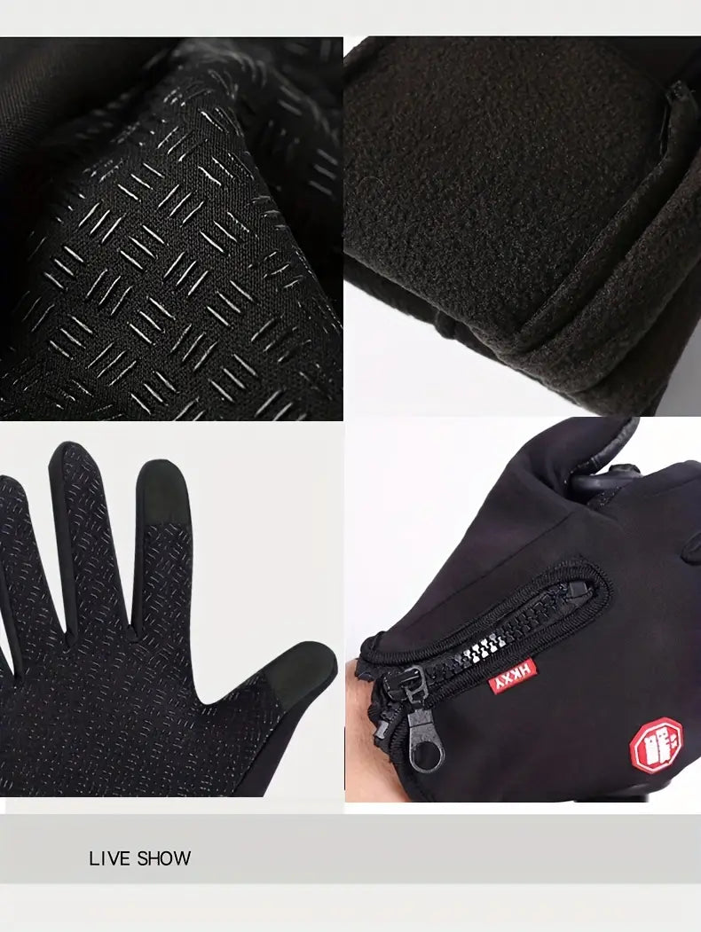 Black touchscreen winter cycling gloves with textured palm, fleece-lined interior, and zippered pocket featuring Axon brand label shown from the back side.