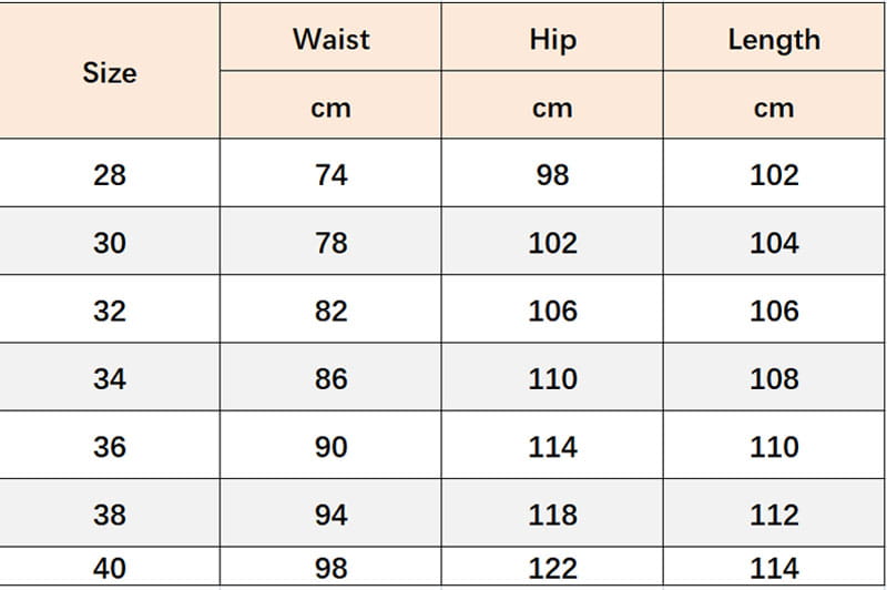 Tableau des tailles pour jeans en denim rouges à carreaux, coupe slim ajustée, indiquant les mesures de tour de taille, tour de hanche et longueur en centimètres pour les tailles 28 à 40.