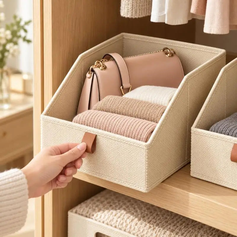 Beige woven fabric storage basket with leather pull-tab handle for closet shelves package includes six fabric closet organizers.