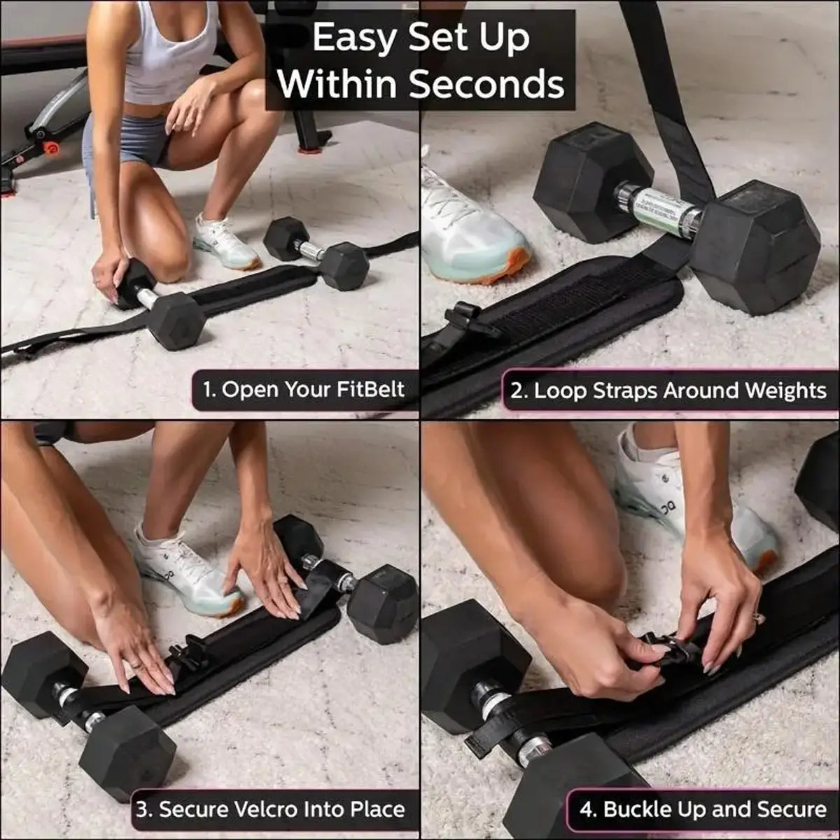 cinturón de hip thrust con peso negro ajustable con correas de velcro, hecho de tejido resistente para sujetar las mancuernas durante el entrenamiento