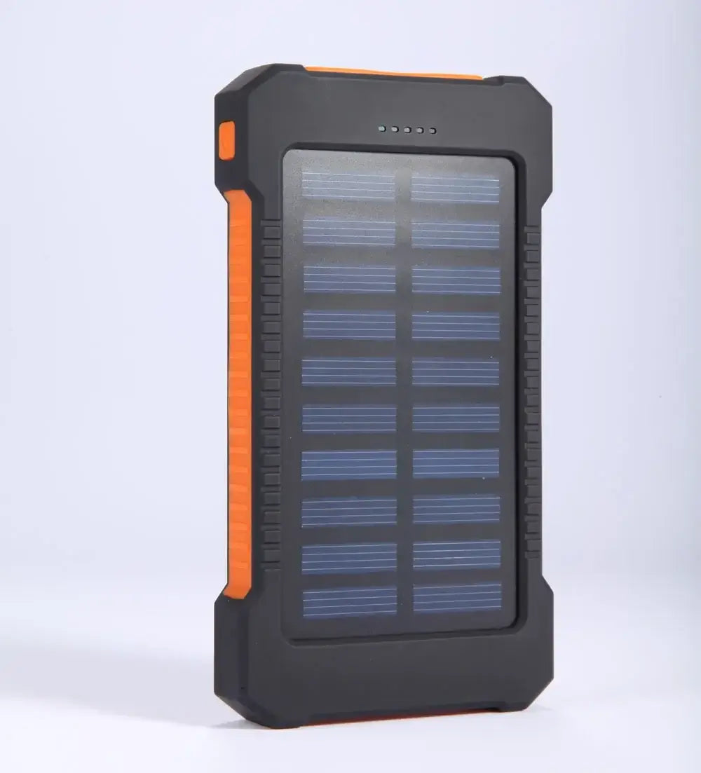 black and orange rugged solar power bank with textured grip featuring a solar panel and dc5v dual usb ports for portable charging