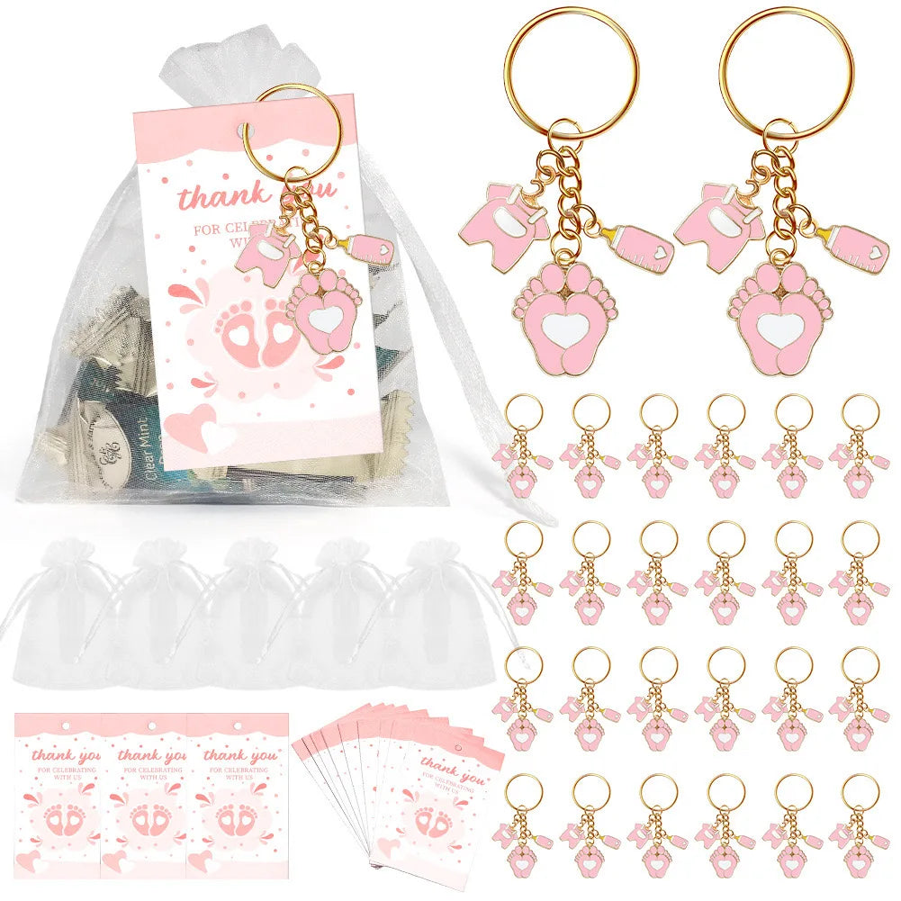 Baby Shower Favors For Boy And Gir With Footprint Keychains Gifts With Bottle Baby Clothes White Organza Bags For Party Supplies