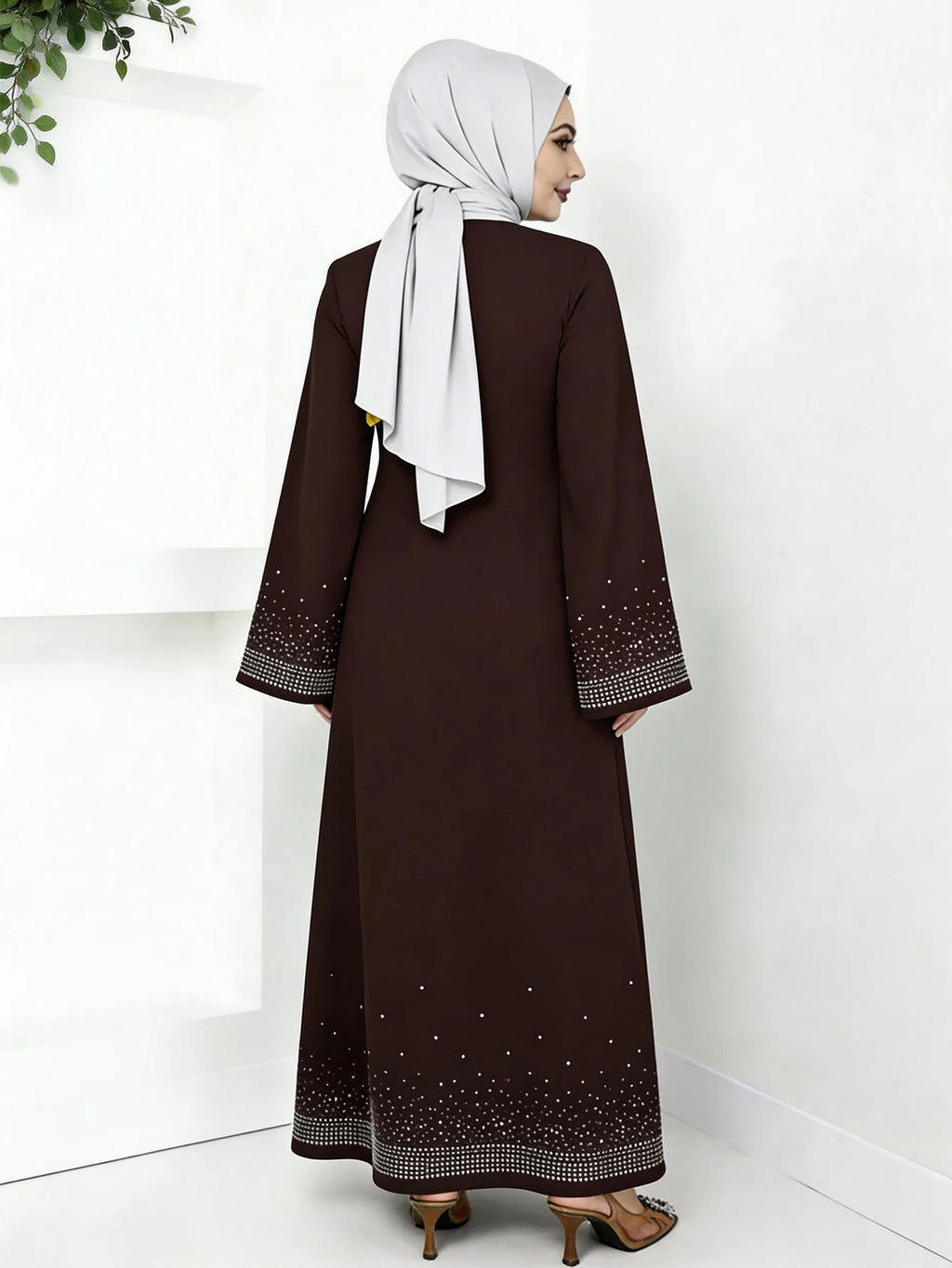 Middle Eastern Arabian Women Elegant Dress Long Sleeve Star Rhinestone Loose Solid Color