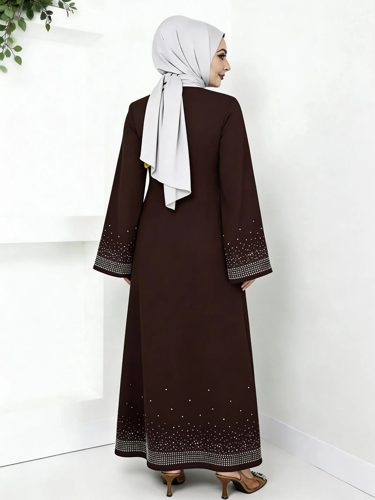 Middle Eastern Arabian Women Elegant Dress Long Sleeve Star Rhinestone Loose Solid Color