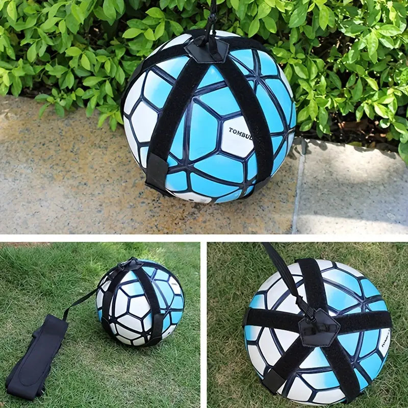 Ballon de football bleu et blanc avec des sangles noires, présentant un motif géométrique, conçu comme ceinture d’entraînement pour le football, en solo, afin d’améliorer la maîtrise du ballon.
