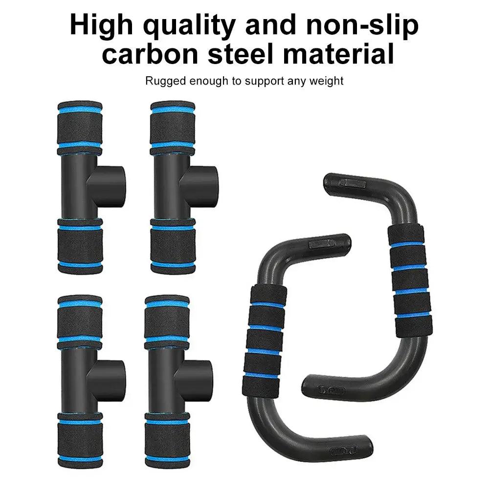 adjustable push up bars for home muscle training made of high-quality carbon steel with black and blue foam wrapping for comfortable grip.