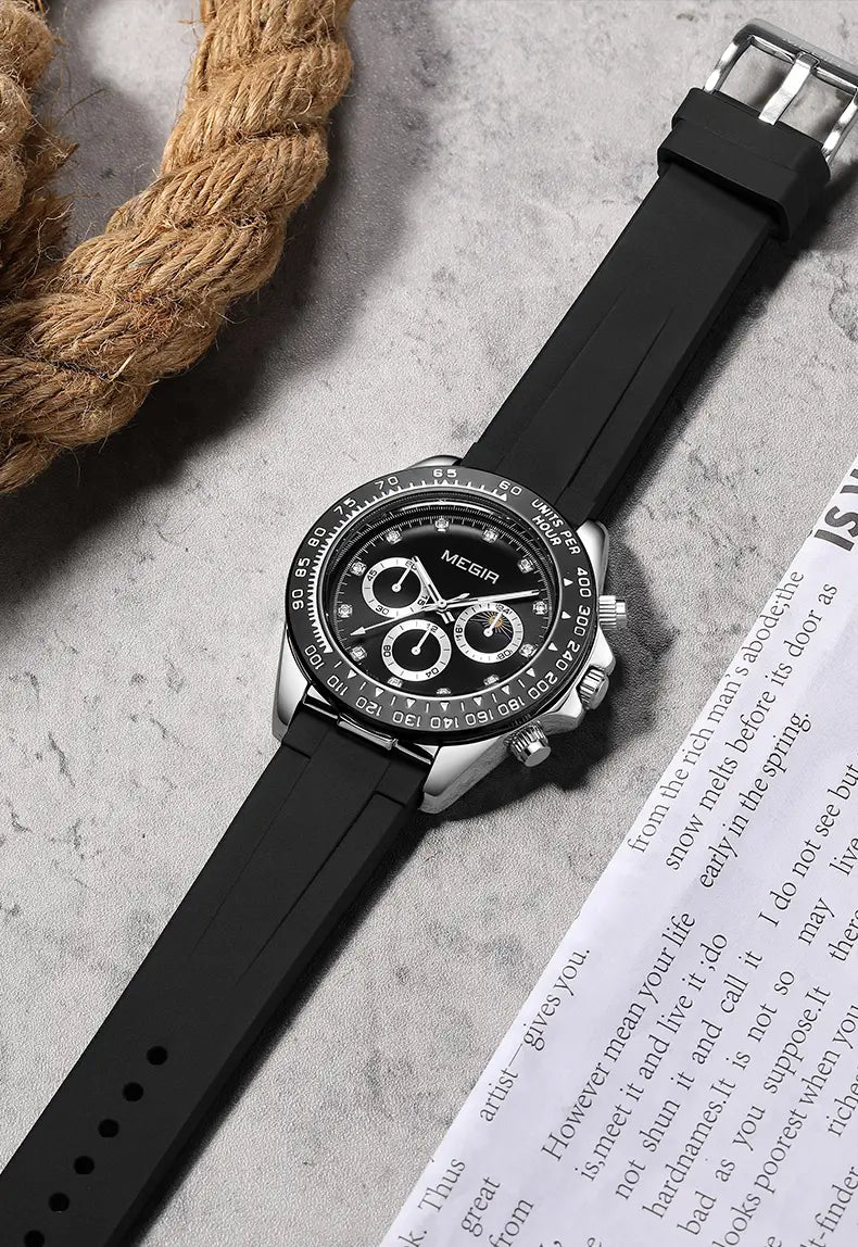 Megir men luxury sports quartz watch with black rubber strap silver case and black dial featuring three subdials.