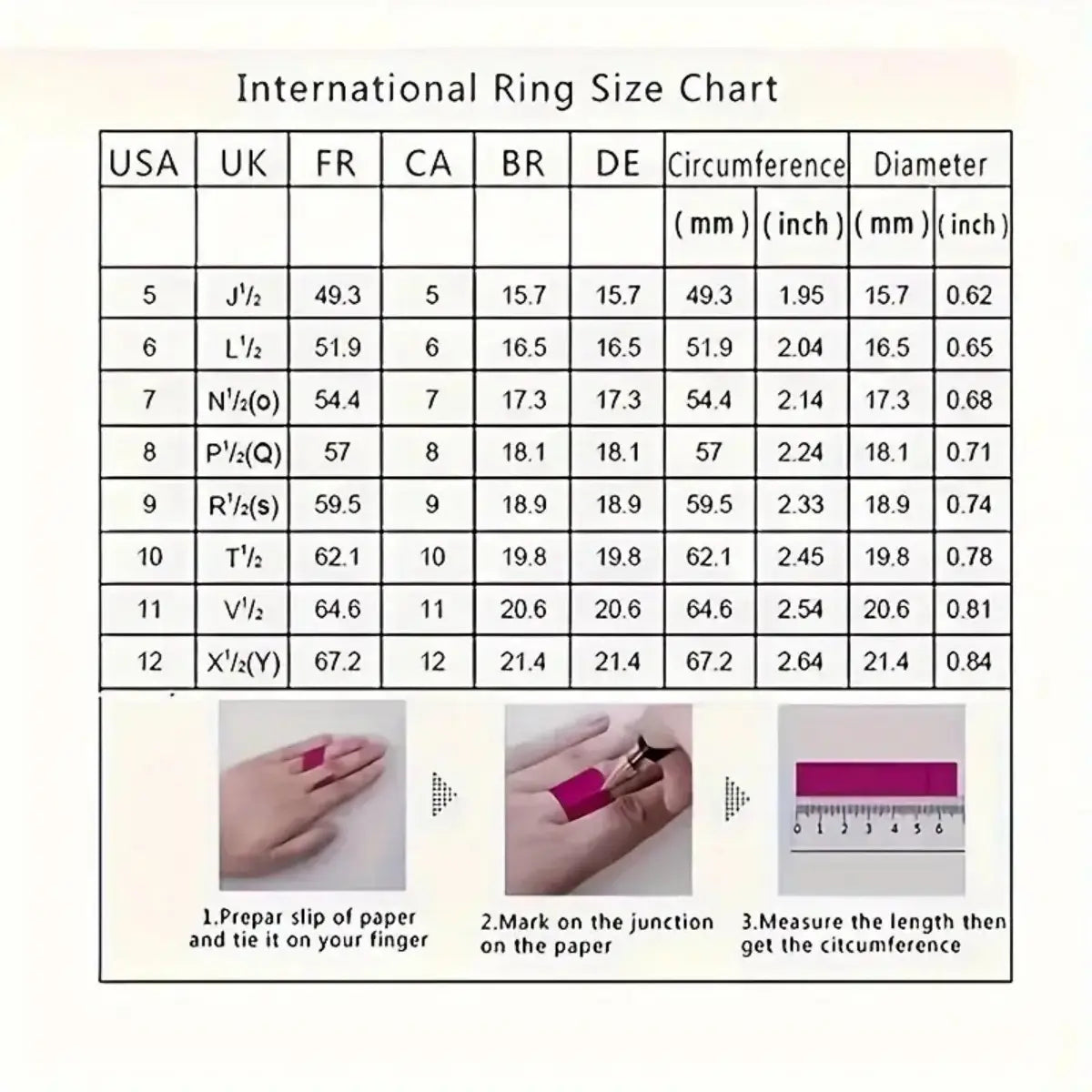 Internationale Ringgrößentabelle mit Maßen in verschiedenen Einheiten und illustrierten Schritten zum Messen des Fingerumfangs für einen schwarzen Onyx-Signetring in Silber für Damen und Herren.