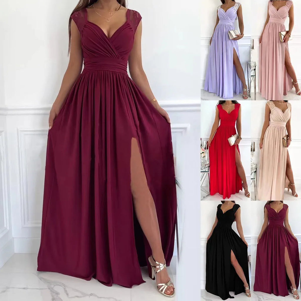 Elegant Evening Dress Women V Neck Lace Shoulder Sleeveless Slit Waist Cinched Pleated Formal Party Prom Maxi Gown