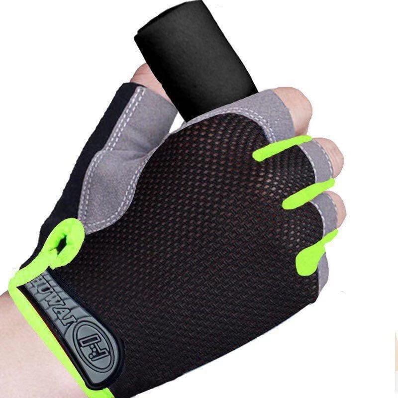 Guante de ciclismo sin dedos transpirable en color negro con detalles en verde neón, mostrado por el lado trasero para su uso en entrenamientos de fitness.