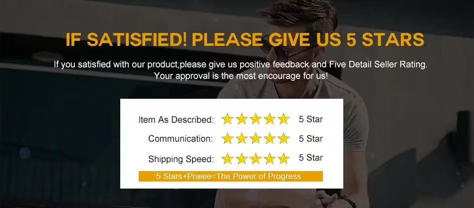 Graphique d’évaluation de satisfaction client cinq étoiles avec des étoiles jaunes et du texte sur fond blanc, pour des caleçons de sport en satin à taille haute pour hommes.