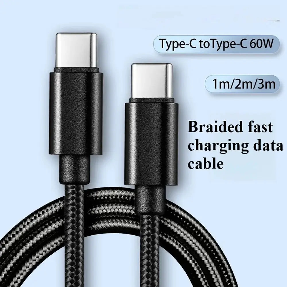 Câble USB C de recharge rapide type-c vers type-c tressé noir de 60 W, conçu pour une délivrance rapide de puissance et une connectivité durable.