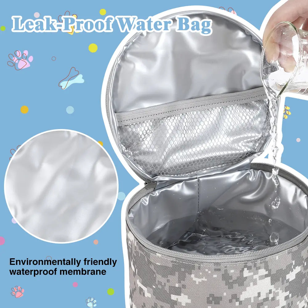 Sac de voyage pour chien camouflage argenté, doté d’une fermeture éclair et d’une doublure imperméable à membrane anti-fuite.