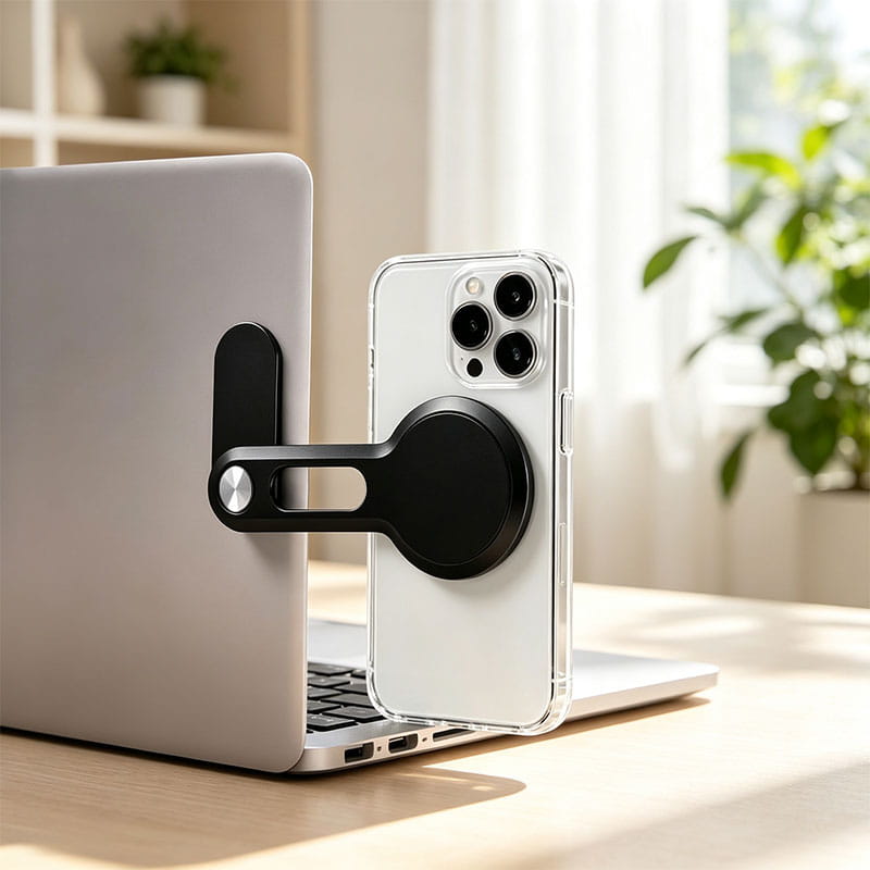 Schwarzer Magnet-Phonehalter mit schlankem minimalistischen Aluminium-Design, der am Rand eines Laptops eingeklemmt ist, für eine sichere freihändige Nutzung.