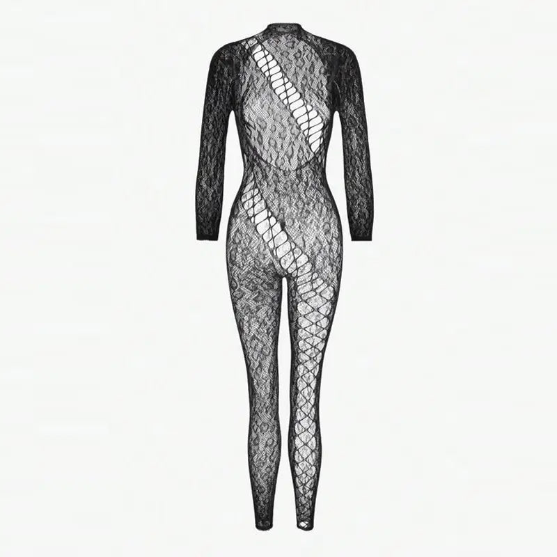 Black lace long sleeve bodysuit with a sheer mesh pattern and intricate lace detailing.