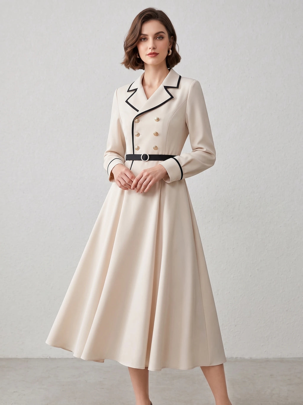 Women Blazer Dress Lapel Collar Long Sleeve Double Breasted Belted A-Line Midi Dress Office Wear