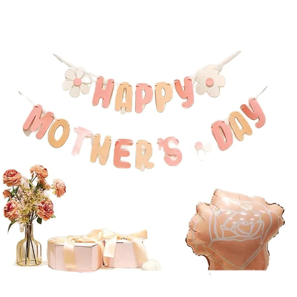 Happy Mother's Day Decorative Banners & Pull Flowers, Wall Hanging Decor for Shop & Room, Photo Booth Props