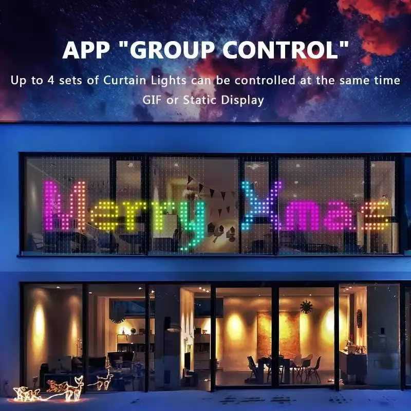 Smartes LED-Vorhanglicht RGB, per App gesteuert, für DIY-Weihnachtsdekoration; mit farbenfrohen LED-Vorhanglichtern, die „Merry Xmas“ in Regenbogentönen über ein Schaufenster anzeigen; konform mit den EMV-, ROHS- und CE-Standards