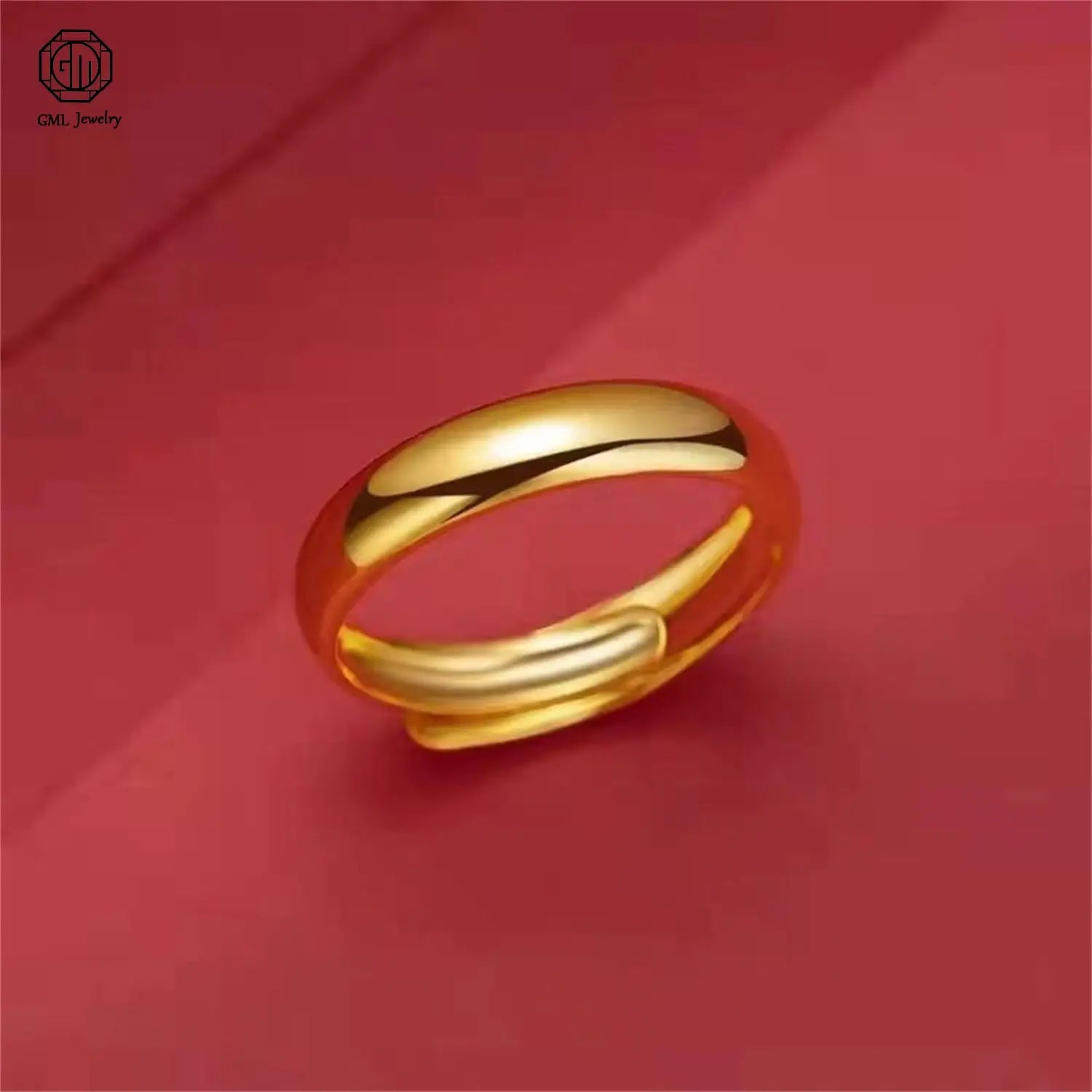 A sleek sand gold adjustable ring with a fade resistant matte finish, featuring a polished gold-colored wide band and a subtle split design for easy sizing.